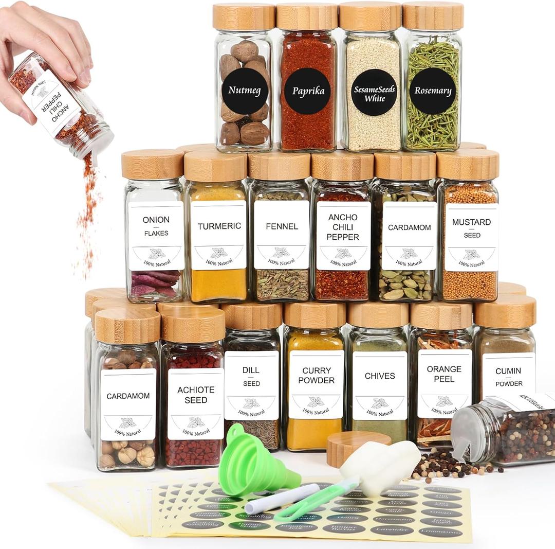 AuroTrends Glass Spice Jars with Bamboo Lids 4oz 24Pack, Spice Jars with Label- 4oz Spice Jars with Shaker Lids/Blank & Preprinted Spice Labels (4fl.oz, 24Pack)