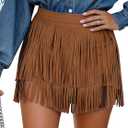 SOFIA'S CHOICE Women Fringe Mini Skirt Faux Suede Tassel Western Cowgirl High Waist Skirts (Bronze) Small