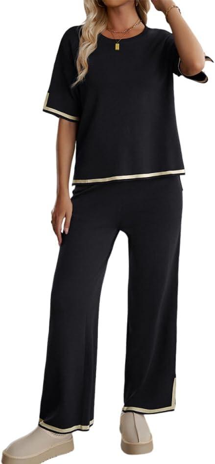 codcm Women 2 Piece Lounge Sets Sweater Pajama Sets Knit Pullover Tops and Wide Leg Pants Matching Outfits M