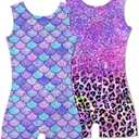 2 Packs Gymnastics Leotards for Girls Mermaid Leopard Dance Leotard Kids Biketard with Shorts (6-7 Years)
