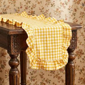 HunnmingRe 1 Pcs Yellow Plaid Gingham Ruffle Table Runner 118 x 13.8'' Farmhouse Table Runner 100% Cotton Scalloped Long Dresser Scarves for Dining Room, Wedding, Kitchen Rustic Home Decor