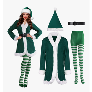 Sureio 4 Pcs Mrs Santa Claus Costume Women Christmas Dress Suit Cosplay Velvet Outfit with Belt Hat Striped Tights Elf Ears Large