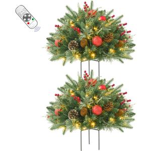 2 Pack 24 Inch Lighted Outdoor Christmas Tree with Dual Color LED Lights, Remote Control Battery Operated Pre-lit Pathway Urn Filler, Christmas Porch Decorations for Home, Porch & Yard (Gold Red)