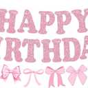 Glitter Pink Bow Happy Birthday Banner Pre-Strung Coquette Birthday Decorations Bow Theme Party Backdrop Sign Garland Pink Bow Party Supplies Decorations for Women Girls,NO-DIY
