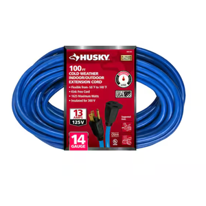 Husky 14 Gauge Cold Weather Indoor-Outdoor Extension Cord, 100 ft, Blue
