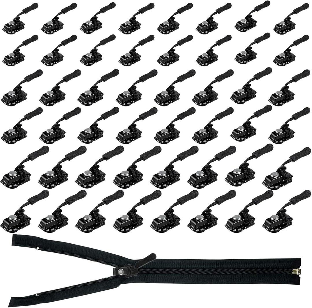 48pcs Zipper Repair Kit Black Universal Zipper Slider Replacement 3 Different Size Zippers Fix Repair Kit for Backpack, Jackets, Coats, Tents, Luggage, Bags