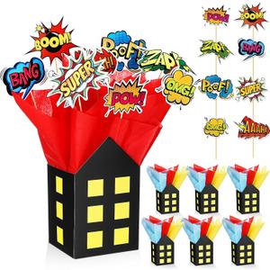 Soulchen 6 Sets 84 Pcs Hero Themed Party Centerpieces Decorations Hero Action Sign Table Toppers with City Box Circus Sound Effect Cutouts and Sticks for Shower Party Birthday Decor