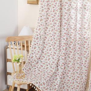 1 Pair Floral Linen Curtains Rustic Country Style Light Filtering Rod Pocket Window Drapes Beige Tassels, 52" W x 84" L Red Rose Flower on Beige (52"W x 84"L - 2 Panels)