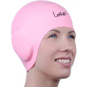 3D Swim Caps - Ear Protection Swimming Cap for Women & Men - Silicone, Waterproof - Fits Long & Short Hair - Adult & Youth (Pink)