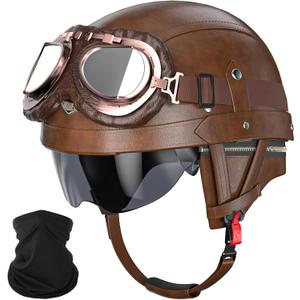 German Style Motorcycle Helmet - DOT Approved Vintage Leather Novelty Half Helmets for Motorcycle with Goggles/Visor, Removable Lining/Earmuffs, for Cruiser Scooter Chopper Moped, for Adults Men Women (M(57~58cm), Brown)