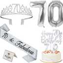 70th Birthday Decorations for Women Silver with 70th Birthday Sash and Crown, Cake Topper and Candles, Silver Number Balloons, 70 Year Old Gifts for Women