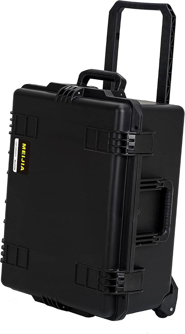 MEIJIA Portable All Weather Premium Rolling Wheels Waterproof Hard Compact Camera Case with Customizable Fit Foam,Pull Handle, 24.6"X19.7"X11.7",Black