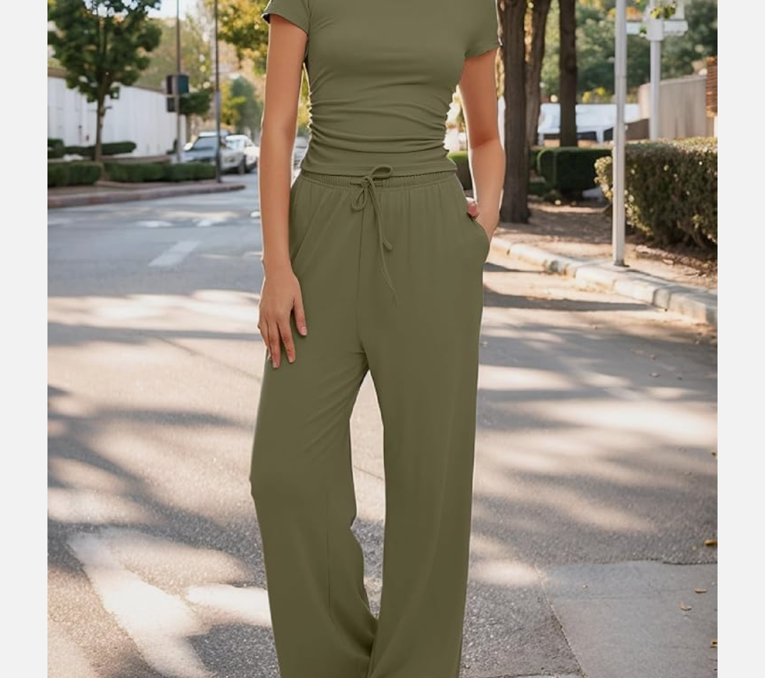 Women's 2 Piece Lounge Set Ruched Short Sleeve Tops High Waisted Wide Leg Pants Size M