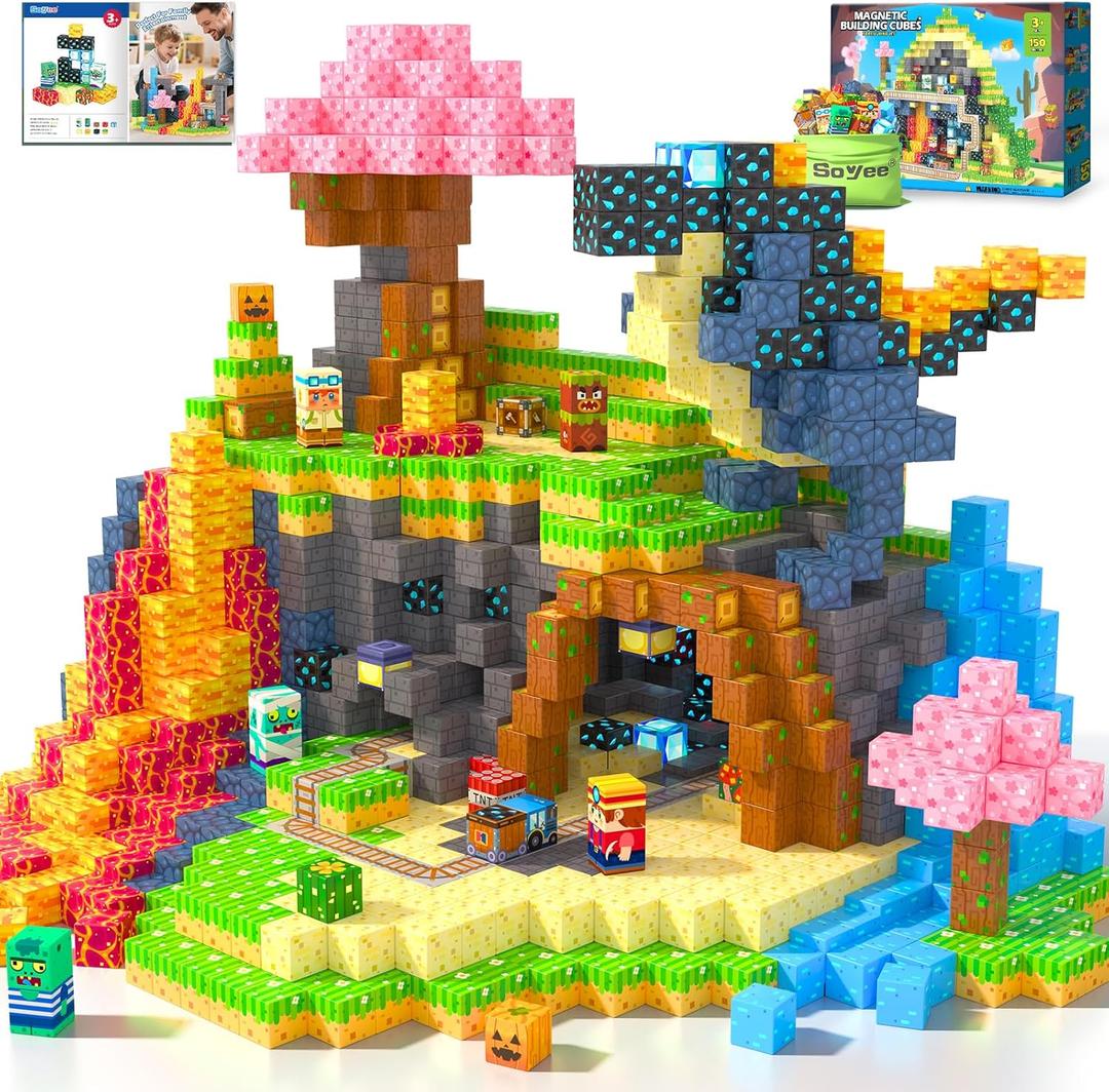 Soyee Magnetic Blocks 150 PCS Building Toys for Ages 4-8 9-12 3-5 Forest & Mine Theme Magnet Building Cubes STEM Sensory Toys for Kids for Boys & Girls