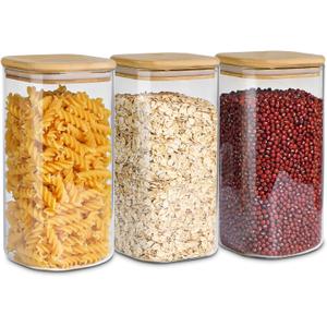 ComSaf Airtight Glass Storage Canister with Wood Lid (1.6 Qt), Clear Food Storage Container Jar with Sealing Lids for Oat Pasta Flour Cereal Rice Sugar Tea Coffee Beans, Set of 3 Square Cookie Jar