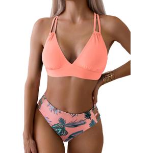 Fanuerg Women's Sexy V Neck Bikini Sets Hollow Out Two Piece Swimsuits Cutout Mid Waist Bathing Suit Coral Pink Floral S