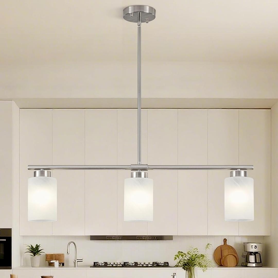 3-Light Kitchen Island Lighting Brushed Nickel Dining Room Light Fixture with Milk Glass Shade 31" Modern Linear Chandelier Adjustable Hanging Pendant Lighting Over Island Dining Table Living RoomE26