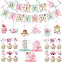 Zonon 40 Pcs Tea Party Birthday Decoration Set with Happy Birthday Banner, Cupcake Toppers, Table Centerpieces, Hanging Swirls Tea Party Supplies for Women Spring Floral Hanging Decor for Baby Shower