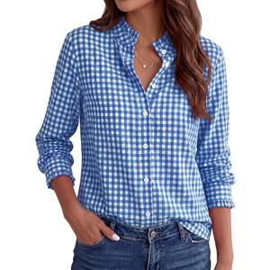 ANRABESS Womens Long Sleeve Button Down Shirts Gingham Striped Blouses Plaid Checkered, Ruffle Smocked Collared Cuffs, Business Casual Outfits, Work Office Dressy Tops, Fall Spring Layering XL