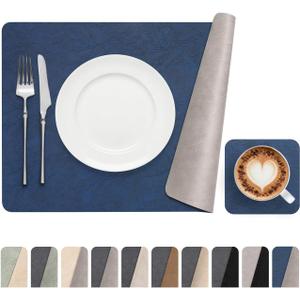 Dual-Sided Two-Tone Vinyl Placemats Set of 4 with Coasters, 12x17 Inch - Waterproof Faux Leather Table Mats,Heat Resistant Washable Wipeable Place Mats for Kitchen Dining, Navy Blue/Light Gray