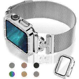 JOYOZY Magnetic Band Compatible with Apple Watch Band 38mm 40mm 41mm 42mm 44mm 45mm 46mm Milanese Strap with Bling Glitter Case Built-in Screen Protector Dressy Stainless Steel iWatch Loop for Women (Silver)