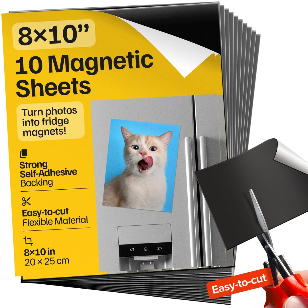 Strong Self-Stick Adhesive Magnetic Sheets 10 Pcs (8x10"/20x25cm)  Customizable Magnetic Paper for Photo, Magnet Stickers, Labels, Crafts; for Fridge, Lockers, Whiteboards, Office, Projects