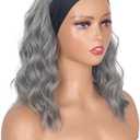 Silver Grey Wavy Headband Wig For Black Women Curly Half Wigs With Headband Attached Synthetic Wrap Wigs For Women(Gray)