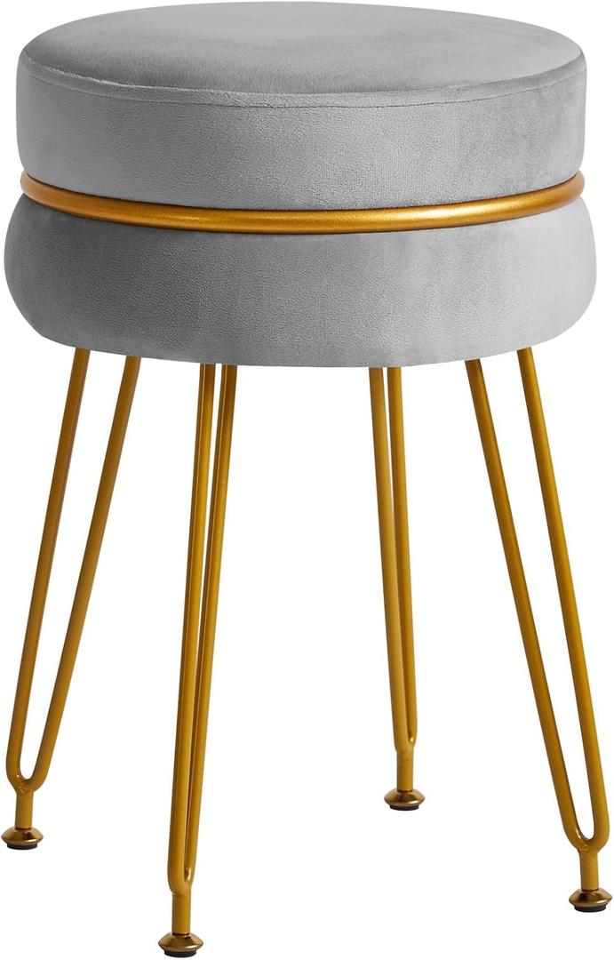 IBUYKE Modern Velvet Round Footstool Ottoman, Vanity Chair for Makeup Room, Vanity Stool Foot Rest with Gold Legs, Modern Accent Stools for Bedroom, Living Room, Entryway, Offices, Gray LG-40G (with decoration, Grey)