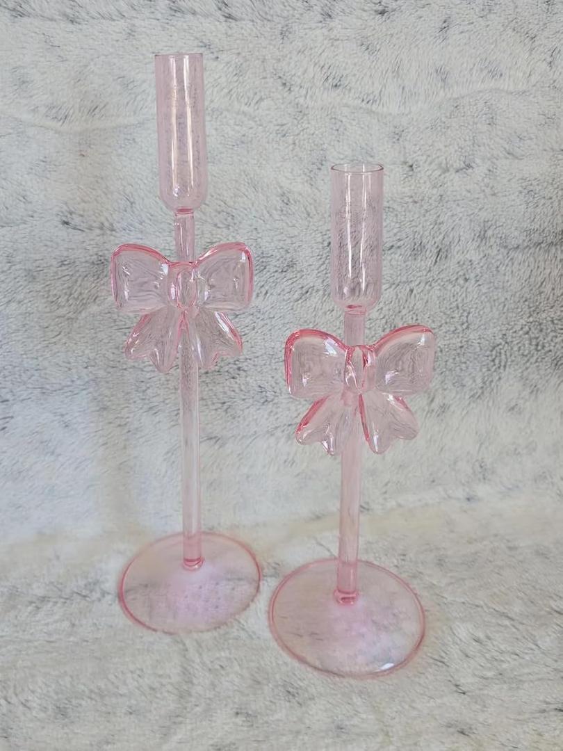 Bow Glass Candle Holders for Candlestick Holders Candle Stand Candle Sticks Holder Decor for Table Centerpiece Decor Girls Pink Room Set of 2