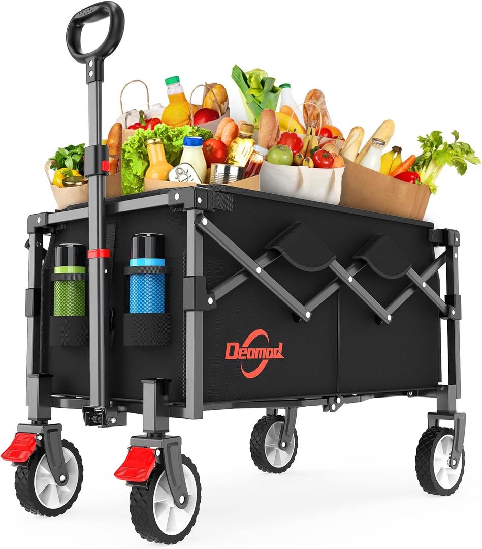 Collapsible Foldable Wagon, Heavy Duty Wagons Carts Foldable with Two Drink Holders and All Terrain Rolling Wheels with Brake, Utility Grocery Wagon Cart for Camping Shopping Sports and Fishing (Black)
