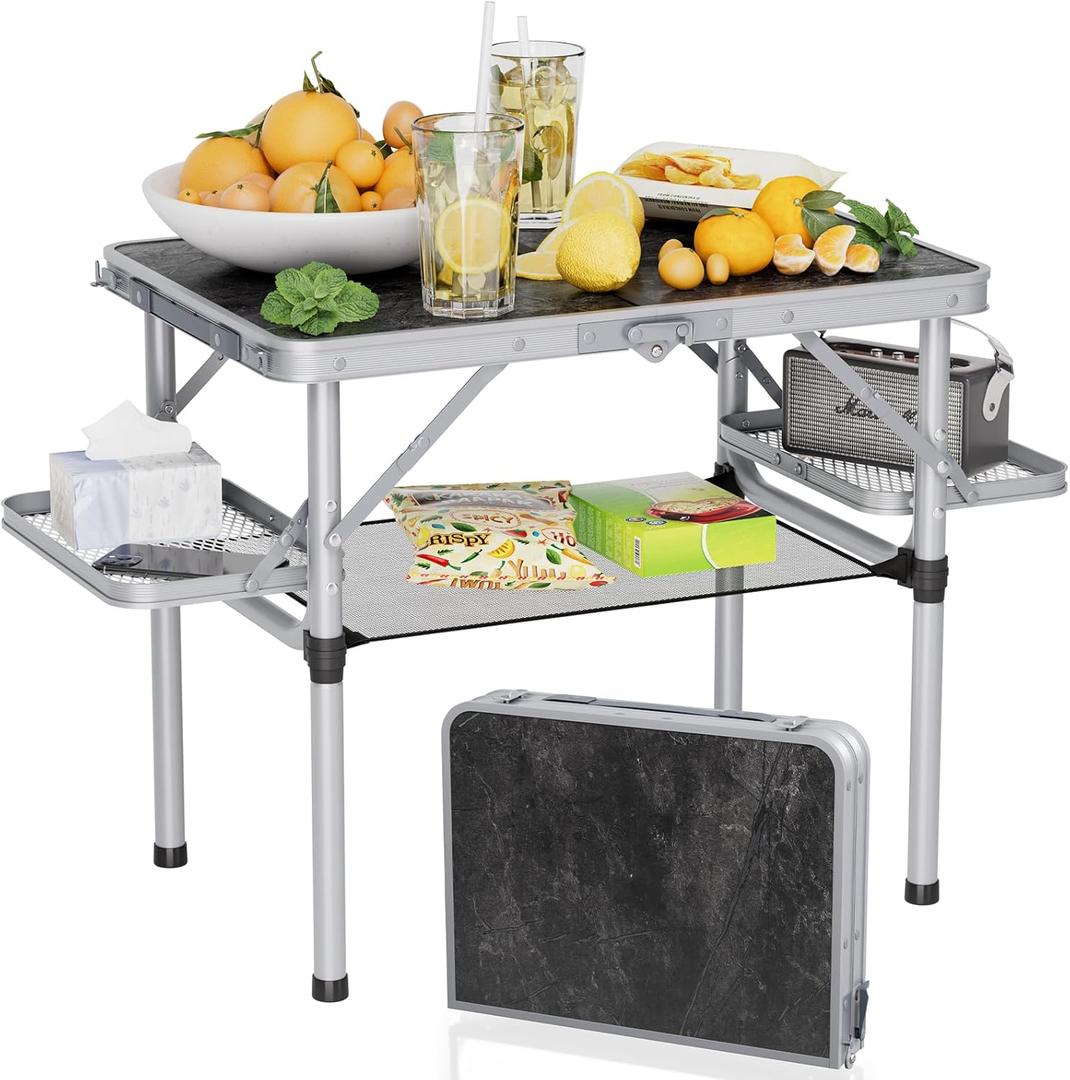 Titanker Folding Camping Table Small 2ft, Small Camp Table Portable with 50% Extra Space, Folding Picnic Beach Table Portable, Car Camping Essentials, Aluminum Light Solid, Silver (Dark Marble & Storage Net)