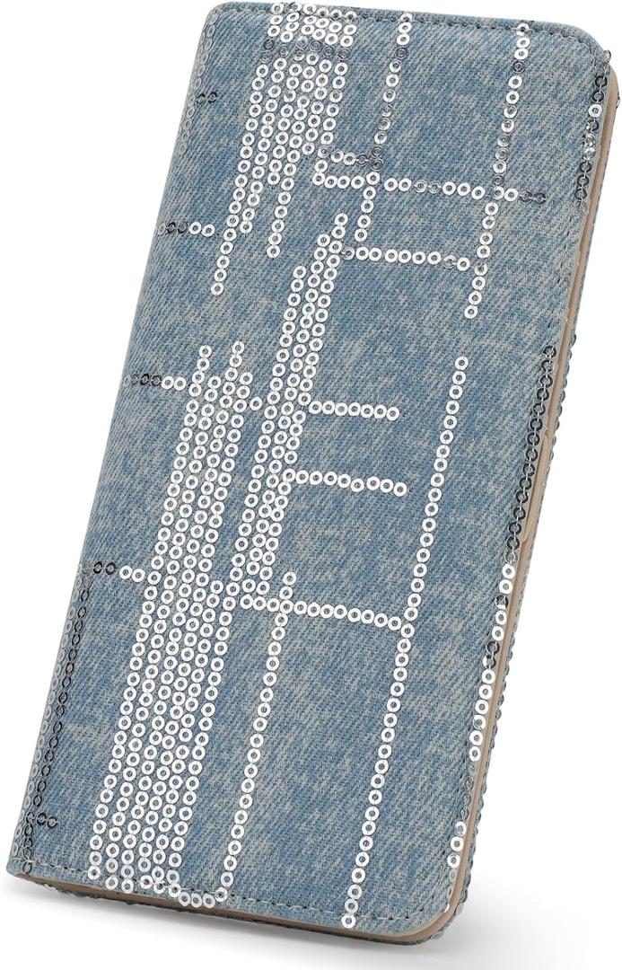 Ultra Slim Thin Denim Wallet Women RFID Blocking Credit Card Holder Bifold Long Ladies Billfold Wallet (01-Light blue)