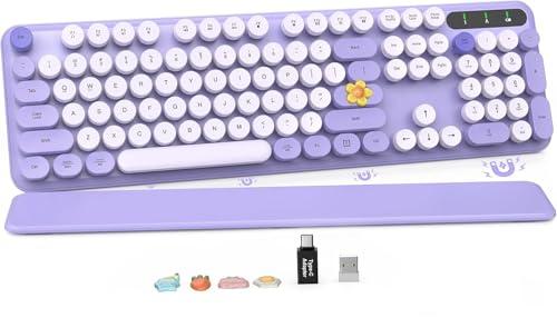 Wireless Keyboard, Round Keycaps, Retro Typewriter Keyboard with Detachable Wrist Rest, Sleep Mode, Foldable Legs, 2.4GHz Full-Size Cordless Computer Keyboard for Windows/PC/Laptop (Colorful-Purple)