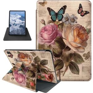 Butterflies and Roses Pattern Case for Kindle Fire HD 8 & Fire HD 8 Plus Tablet (12th/10th Generation,2024/2022/2020 Release),360 Degree Rotating Stand Protective Cover with Auto Sleep/Wake (HD8 2022, Butterflies And Roses)