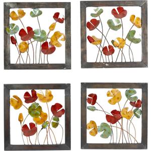 Deco 79 Metal Floral Home Wall Decor Wall Sculpture with Black Frame, set of 4 Wall Art 14" x 1" x 14", Multi Colored