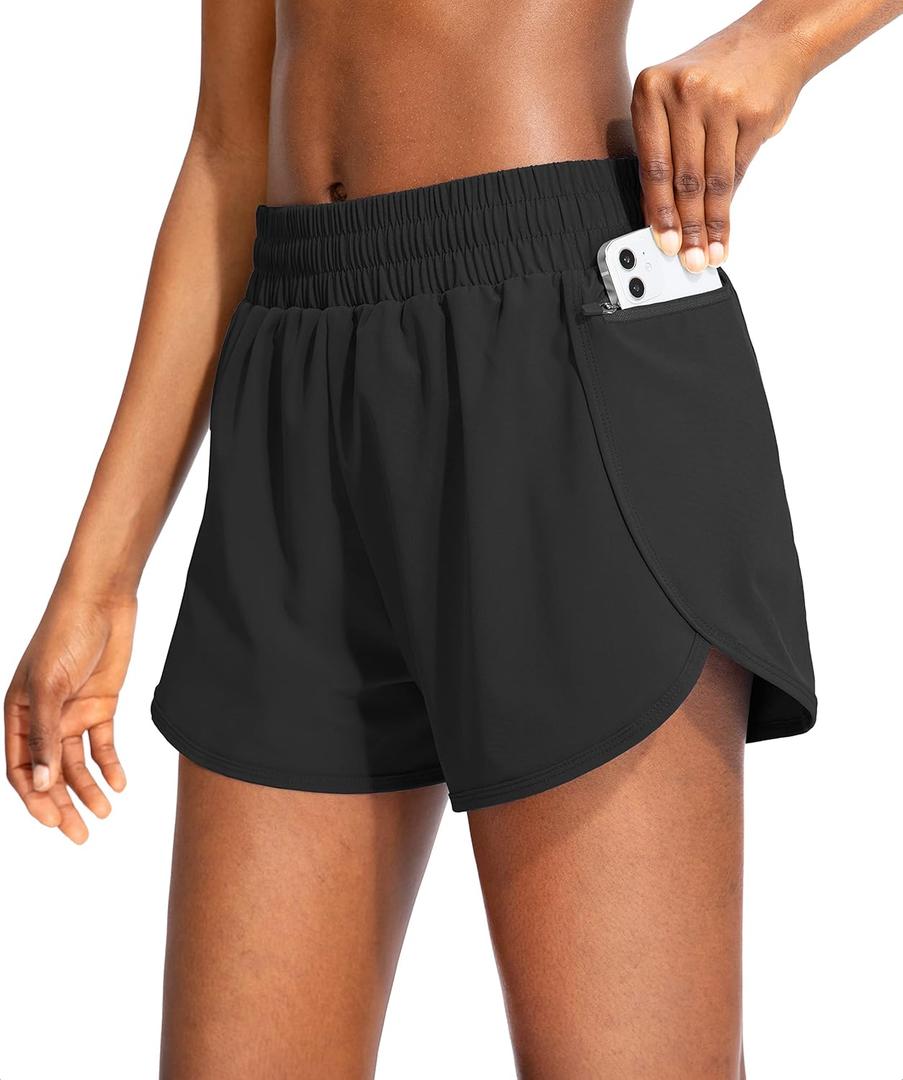 Soothfeel Womens Running Shorts with Zipper Pockets High Waisted Athletic Gym Workout Shorts for Women with Liner (Medium, Black)