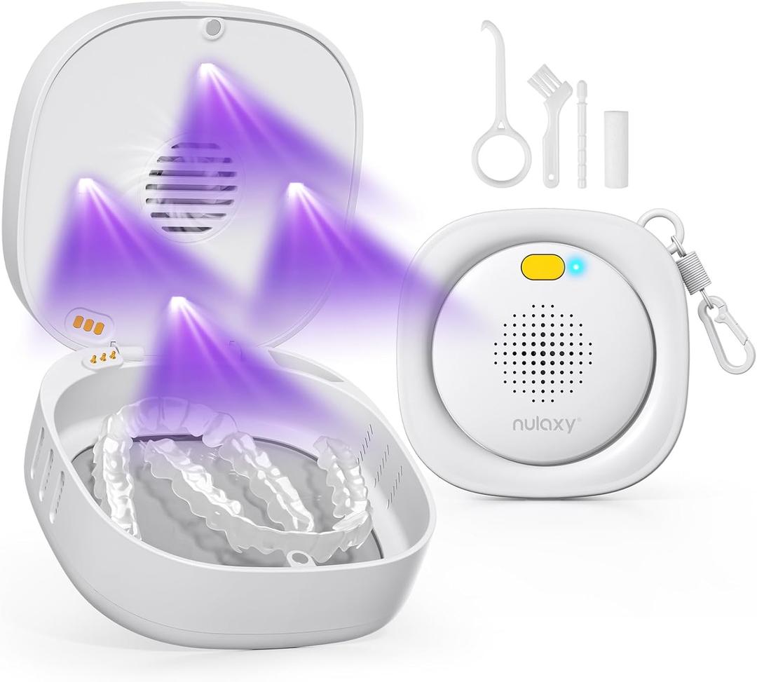 Nulaxy UVC Retainer Case with Fan, Magnetic Closure Aligner Case Includes Vent Holes and Mirror, Portable Retainer Box with Removal Tool and Brush, White