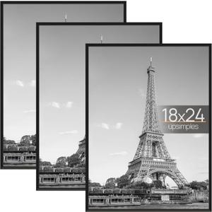 upsimples 18x24 Picture Frame Black 3 Pack, Scratch-Proof Poster Frames 18 x 24 for Photo Gallery - Slide-In Strips, Horizontal or Vertical Wall Mounting