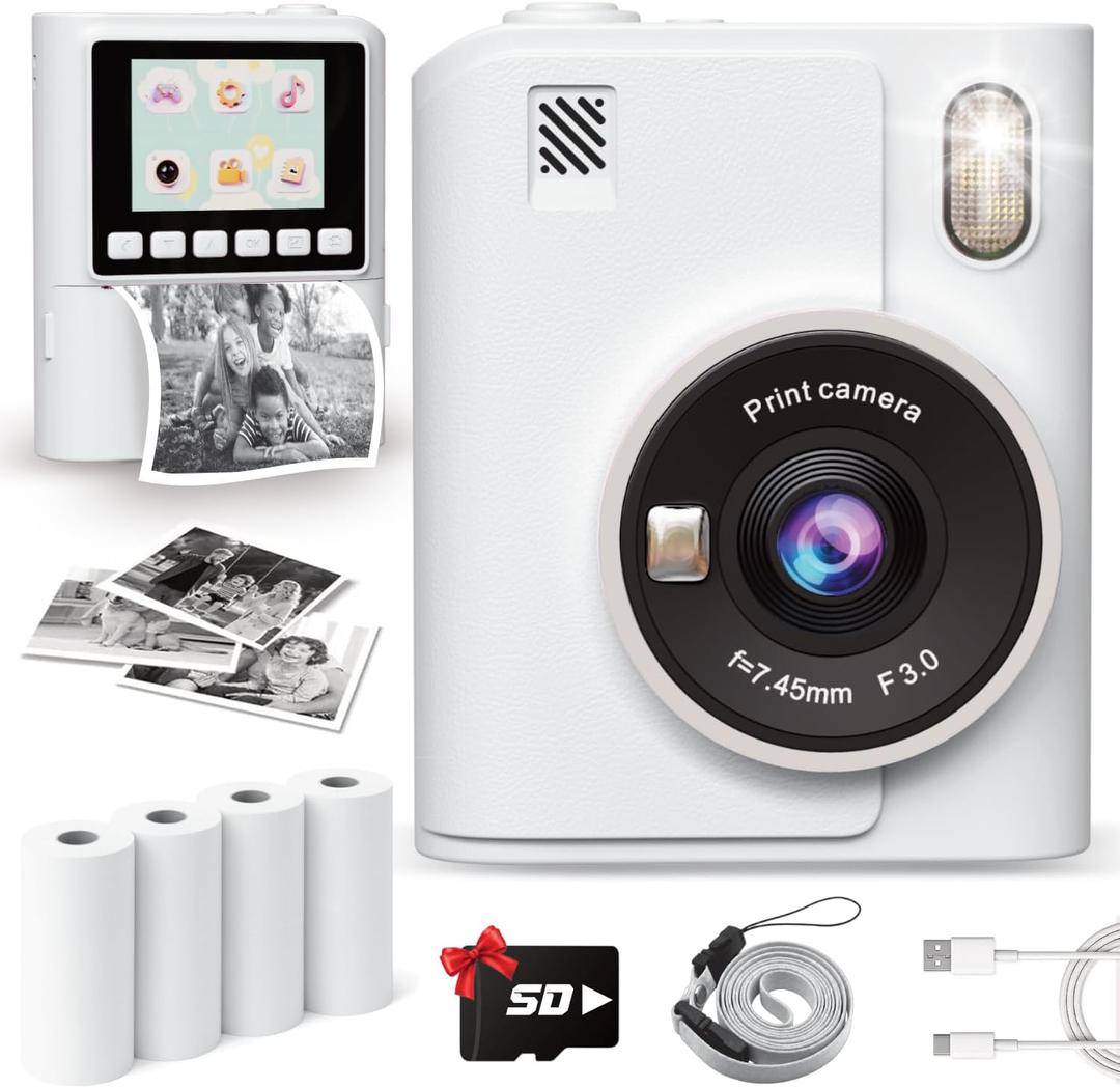 Instant Print Camera for Kids, 1080P Instant Digital Print Cameras for Toddler, Portable Toy for 4 5 6 7 8 9 10 Year Old Girl, Christmas Birthday Gifts for Girls Boys with SD Card White