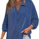 Astylish Women's Casual Blouses Button Down Business Batwing Tops Long Sleeve V Neck Ribbed Shirts 2025 Fall Outfit (Blue, XXL)
