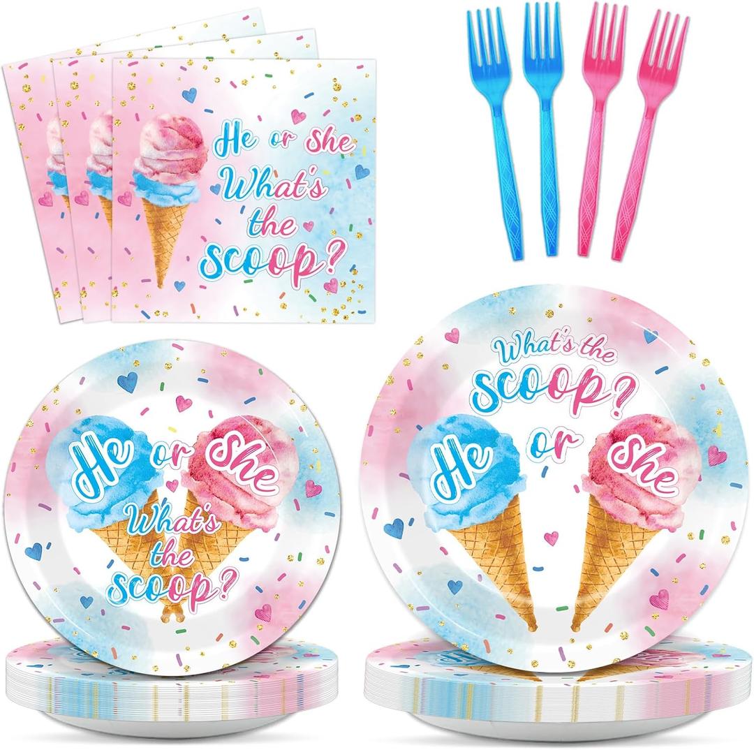 96PCS Ice Cream Gender Reveal Party Paper Tableware What's the Scoop Gender Reveal Plates Party Supplies for Summer Ice Cream Theme He or She Boy or Girl Baby Shower Dinnerware Plates Napkins Forks