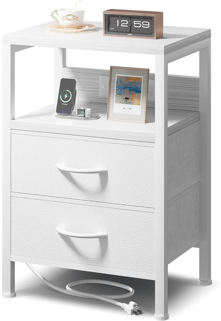 NightStand Bedside Charging Table Bedroom - Night Stand with Charger Station, White Modern Bed Side End Table with Open Shelf & 2 Fabric Drawers, USB-C Port & AC Outlets for Dorm, Living Room