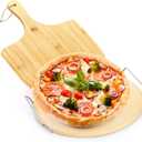 ZENFUN Round Pizza Stone with Wooden Peel and Metal Carry Rack 12 In Cooking Pizza Stone for Oven Baking and BBQ Grilling Round Baking Stone Cordierite Pizza Cooking Pan Free Bamboo Pizza Peel Paddle