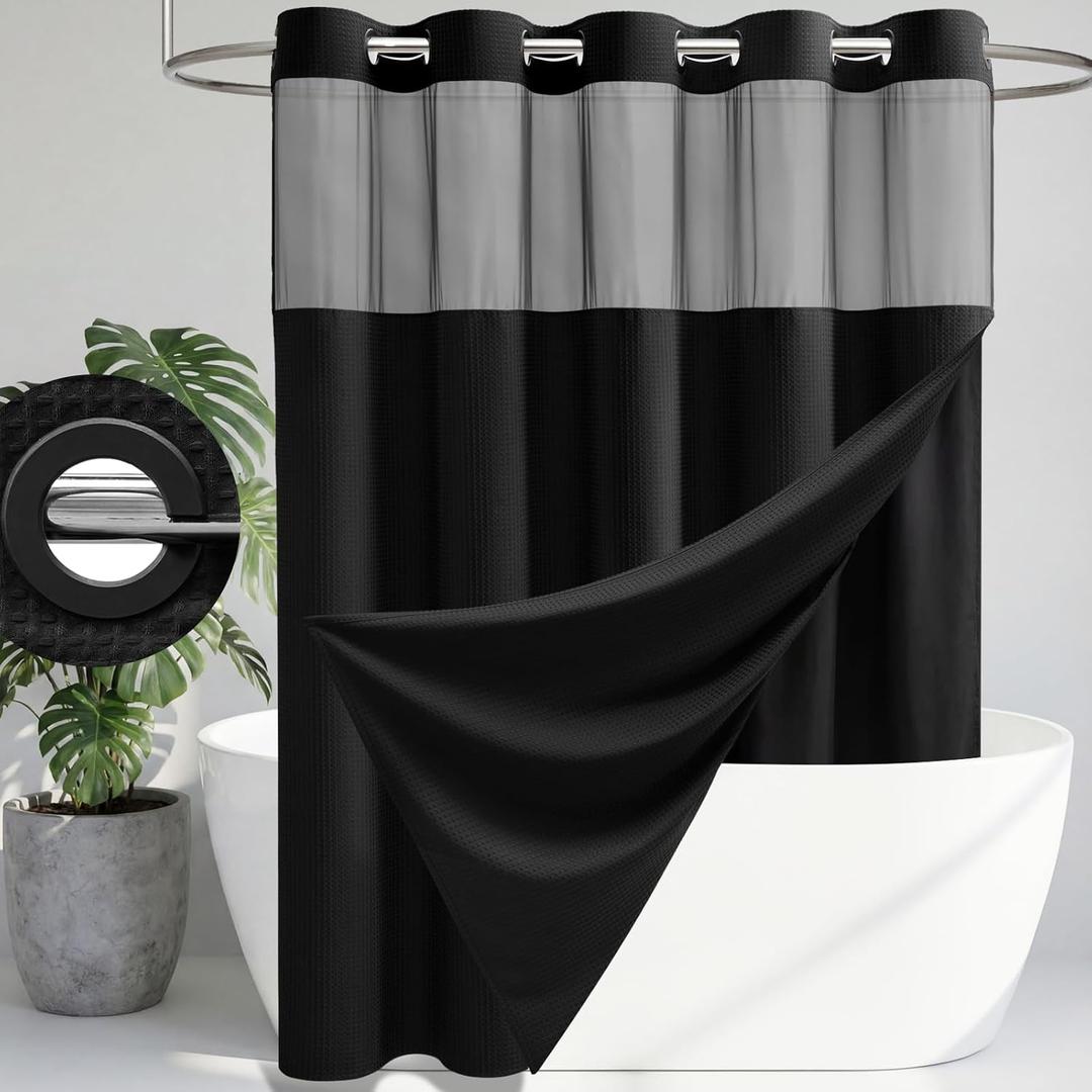 Dynamene Hook Free Stall Shower Curtain & Snap in Fabric Liner with Magnets, 60 Inch Wide Waffle Shower Curtains, Mesh Top Window, 3 in 1 Shower Curtain and Liner Set, 60" W x 75" L, Black