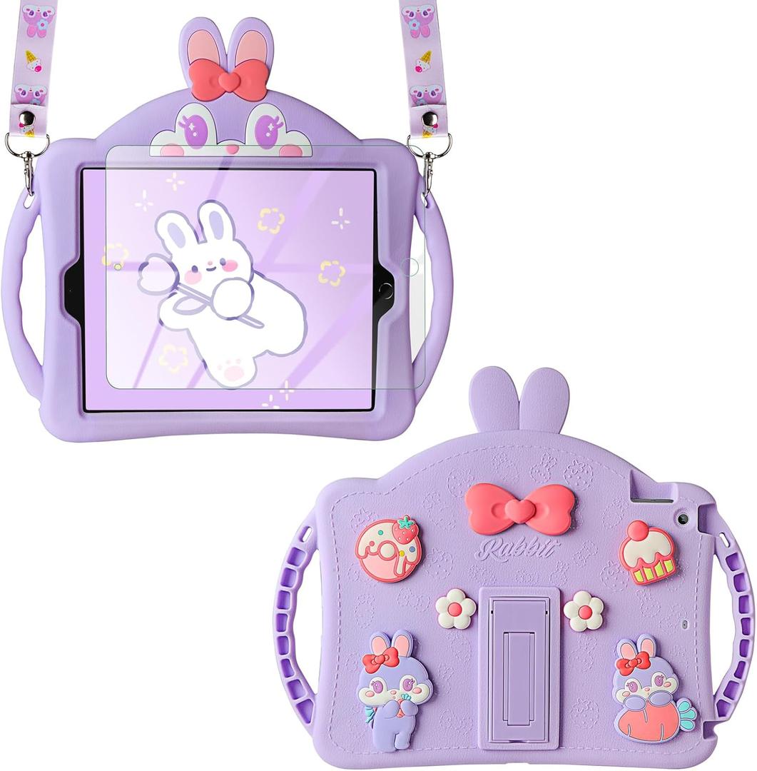 WESADN for iPad 9th Generation Case iPad 8th 7th Generation Cases 10.2 inch for Kids Girls with Screen Protector Shoulder Strap Kickstand Cute Rabbit Silicone Cover for iPad 10.2 Case Purple
