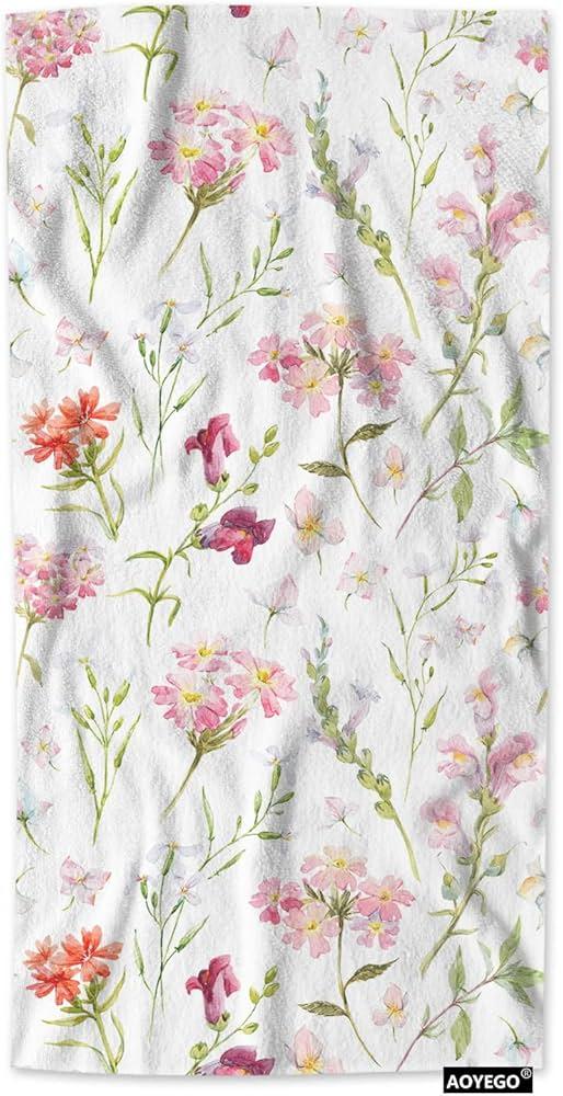 AOYEGO Floral Hand Towel Watercolor Wild Flower Botanical Plant Leaves Spring Pink Green White Decorative Soft Highly Absorbent Bath Towels Home Hotel Spa Bathroom Towel 15x30 Inch