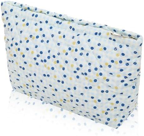 Wudimeitt Cosmetic bag Makeup bag Preppy Cute Corduroy Toiletry bag for women travel essentials (Blue Dot) Pack of 2