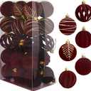 2.36 Inch Burgundy Velvet Christmas Ornaments, 30PCS Flocked Plastic Balls with 6 Patterns, Vintage Christmas Ornaments for Living Rooms, Bedrooms and Christmas, New Year (Red)