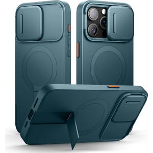 SURITCH for iPhone 15 Pro Max Case with Magnetic Camera Slide Cover and Adjustable Kickstand, Compatible with MagSafe, Shockproof Bumper Case Slim Protective Cover 6.7 Inch, Lake Green