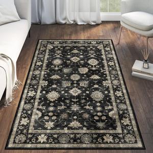 3x5 Washable Area Rug - Small Entryway Rug Non-Slip Charcoal Black Vintage Traditional Floral Kitchen Rugs Low Pile Boho Carpet Throw Rugs for Living Room Bedroom Bathroom Entrance Dorm Office
